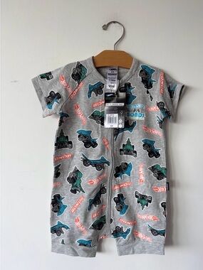 Bonds Grey Romper with Teal and Coral Car Print